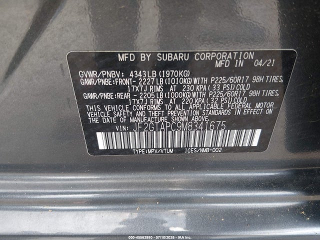 Aukcja sprzedaży 2021 Subaru Crosstrek Premium, vin: JF2GTAPC9M8341675, numer aukcji: 45563980