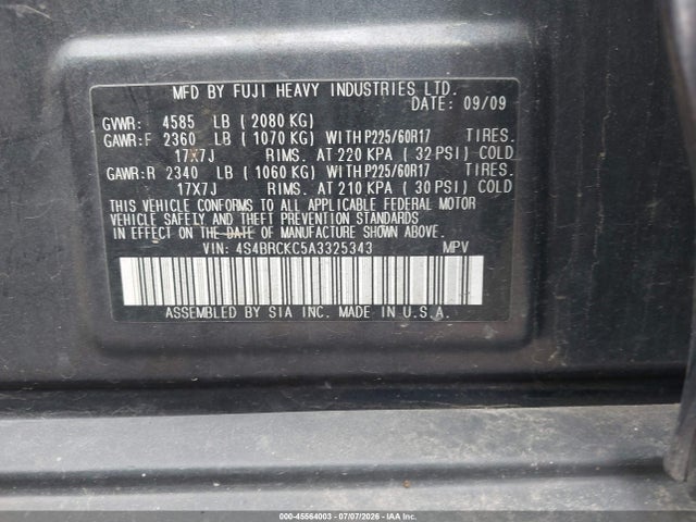 Aukcja sprzedaży 2010 Subaru Outback 2.5i Limited, vin: 4S4BRCKC5A3325343, numer aukcji: 45564003