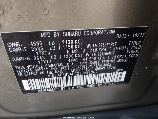 Продажа на аукционе авто 2018 Subaru Outback 2.5i Premium, vin: 4S4BSAHC2J3258362, номер лота: 45564002