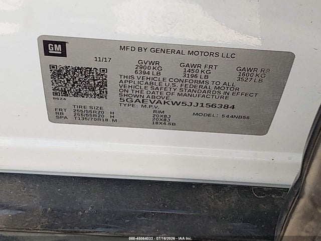 45564033 :رقم المزاد ، 5GAEVAKW5JJ156384 vin ، 2018 Buick Enclave Essence مزاد بيع