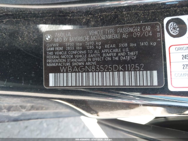 Продаж на аукціоні авто 2005 Bmw 760li, vin: WBAGN83525DK11252, номер лоту: 45564055