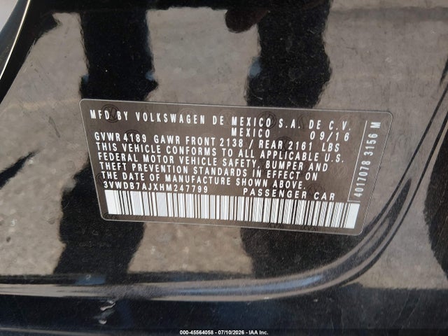 Aukcja sprzedaży 2017 Volkswagen Jetta 1.4t Se, vin: 3VWDB7AJXHM247799, numer aukcji: 45564058