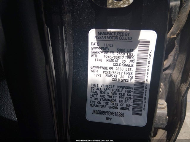 Auction sale of the 2003 Nissan Pathfinder Le, vin: JN8DR09Y83W818386, lot number: 45564076