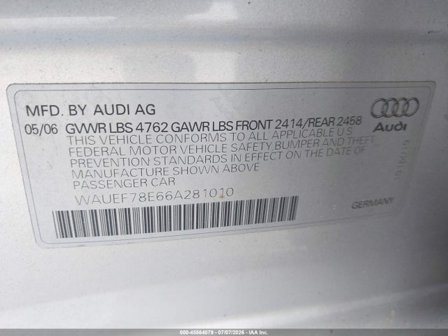 45564079 :رقم المزاد ، WAUEF78E66A281010 vin ، 2006 Audi A4 2.0t مزاد بيع