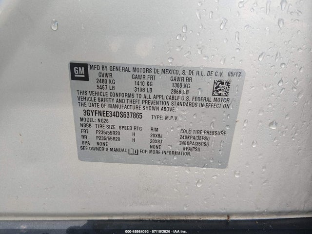45564093 :رقم المزاد ، 3GYFNEE34DS637865 vin ، 2013 Cadillac Srx Premium Collection مزاد بيع