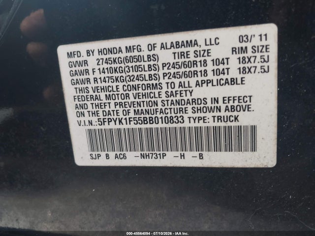 Продаж на аукціоні авто 2011 Honda Ridgeline Rtl, vin: 5FPYK1F55BB010833, номер лоту: 45564094