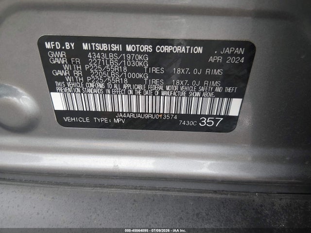 2024 Mitsubishi Outlander Sport 2.0 Es Awc/2.0 Le Awc/2.0 Ralliart Awc/2.0 S Awc/2.0 Se Awc/2.0 Trail Edition Awc მანქანა იყიდება აუქციონზე, vin: JA4ARUAU9RU013574, აუქციონის ნომერი: 45564095