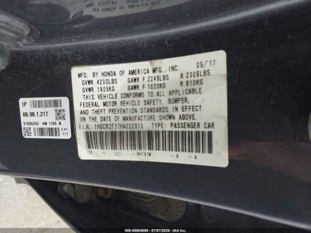 45564098 :رقم المزاد ، 1HGCR2F37HA222915 vin ، 2017 Honda Accord Lx مزاد بيع