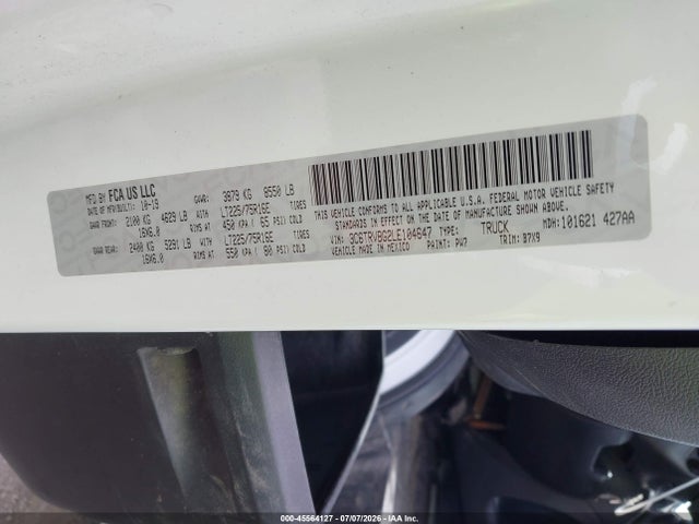 45564127 :رقم المزاد ، 3C6TRVBG2LE104647 vin ، 2020 Ram Promaster 1500 High Roof 136 Wb مزاد بيع