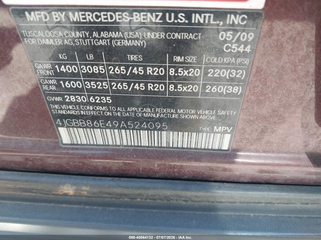 Продажа на аукционе авто 2009 Mercedes-benz Ml 350 4matic, vin: 4JGBB86E49A524095, номер лота: 45564132