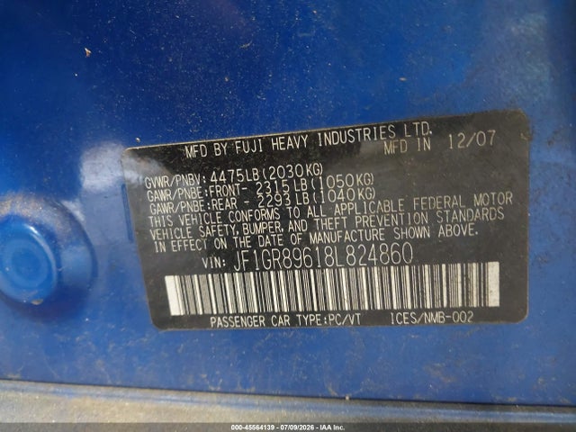 45564139 :رقم المزاد ، JF1GR89618L824860 vin ، 2008 Subaru Impreza Wrx Sti مزاد بيع
