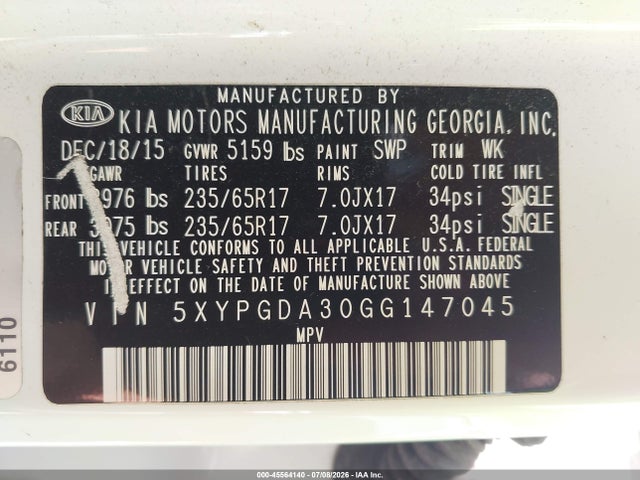 Продаж на аукціоні авто 2016 Kia Sorento 2.4l Lx, vin: 5XYPGDA30GG147045, номер лоту: 45564140
