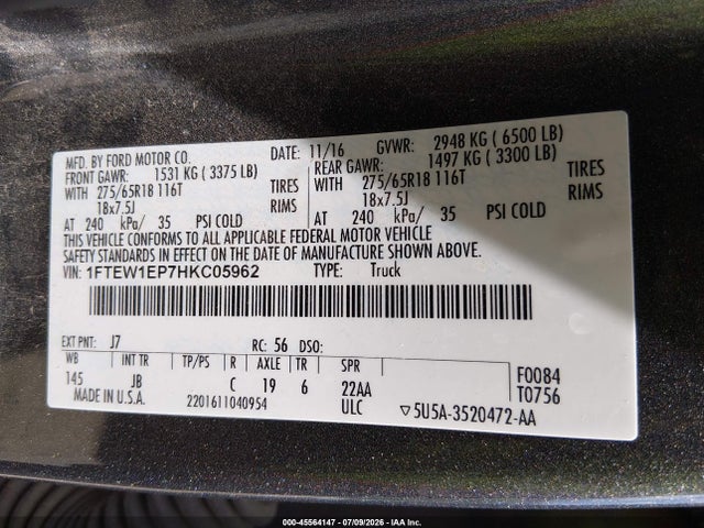 Ford F-150 Lariat/xl/xlt 2017 1FTEW1EP7HKC05962 Image 9