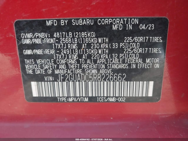 Aukcja sprzedaży 2024 Subaru Crosstrek Premium, vin: JF2GUADC5R8226662, numer aukcji: 45564162