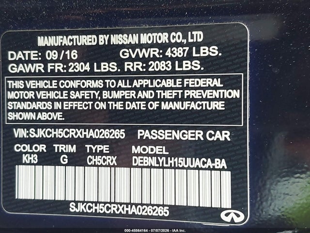 Aukcja sprzedaży 2017 Infiniti Qx30 Premium, vin: SJKCH5CRXHA026265, numer aukcji: 45564164