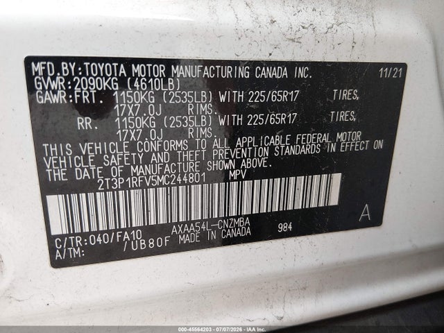 2T3P1RFV5MC244801 Toyota Rav4 Xle