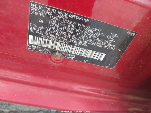 45564209 :رقم المزاد ، JTMZF4DV2AD016777 vin ، 2010 Toyota Rav4 مزاد بيع