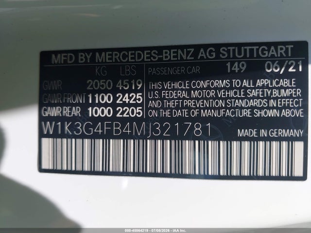Продаж на аукціоні авто 2021 Mercedes-benz A 220 4matic, vin: W1K3G4FB4MJ321781, номер лоту: 45564219
