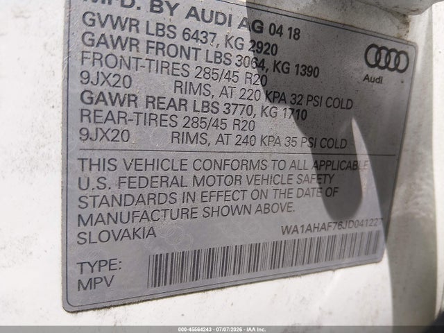 Продаж на аукціоні авто 2018 Audi Q7 2.0t Premium, vin: WA1AHAF76JD041227, номер лоту: 45564243