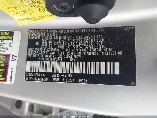 45564244 :رقم المزاد ، 4T3BK3BB9CU069711 vin ، 2012 Toyota Venza Limited V6 مزاد بيع