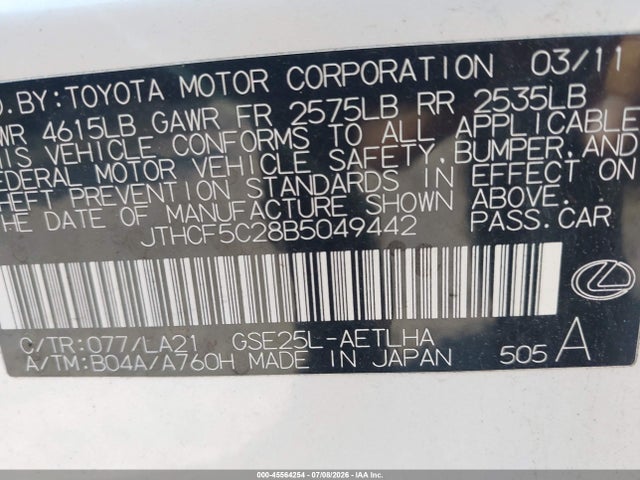 Продаж на аукціоні авто 2011 Lexus Is 250, vin: JTHCF5C28B5049442, номер лоту: 45564254