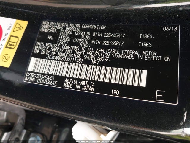 45564301 :رقم المزاد ، JTJYARBZ0J2111487 vin ، 2018 Lexus Nx 300 مزاد بيع