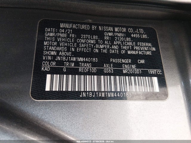 2021 Nissan Rogue Sport S Awd Xtronic Cvt მანქანა იყიდება აუქციონზე, vin: JN1BJ1AW1MW440183, აუქციონის ნომერი: 45564312