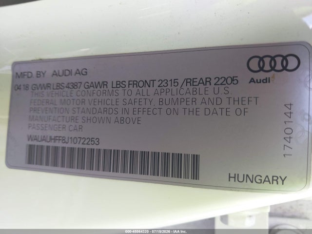 45564320 :رقم المزاد ، WAUAUHFF8J1072253 vin ، 2018 Audi A3 2.0t Premium/2.0t Tech Premium مزاد بيع