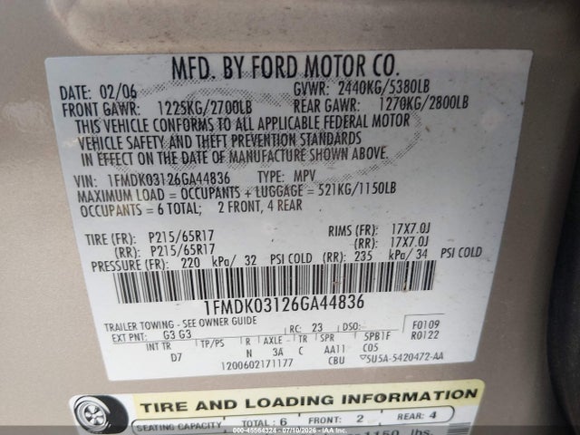 Продажа на аукционе авто 2006 Ford Freestyle Limited, vin: 1FMDK03126GA44836, номер лота: 45564324
