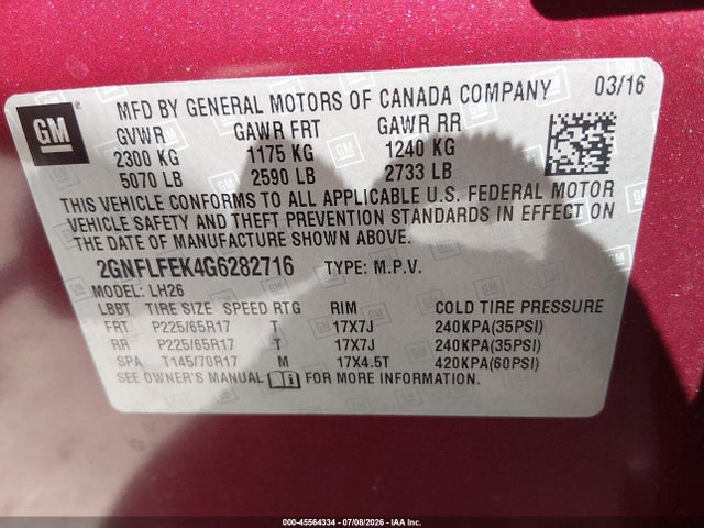 Продаж на аукціоні авто 2016 Chevrolet Equinox Lt, vin: 2GNFLFEK4G6282716, номер лоту: 45564334