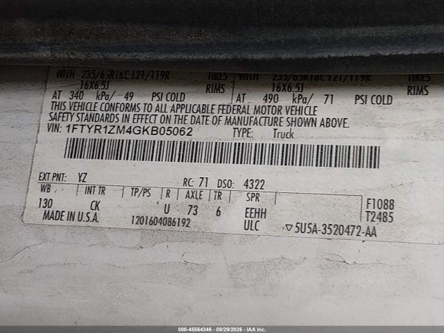 45564346 :رقم المزاد ، 1FTYR1ZM4GKB05062 vin ، 2016 Ford Transit-250 مزاد بيع