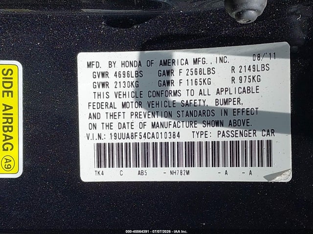45564391 :رقم المزاد ، 19UUA8F54CA010384 vin ، 2012 Acura Tl 3.5 مزاد بيع