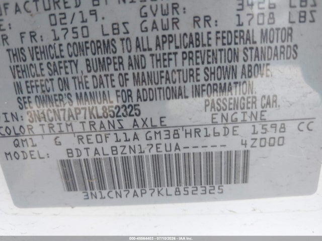 45564403 :رقم المزاد ، 3N1CN7AP7KL852325 vin ، 2019 Nissan Versa 1.6 Sv مزاد بيع