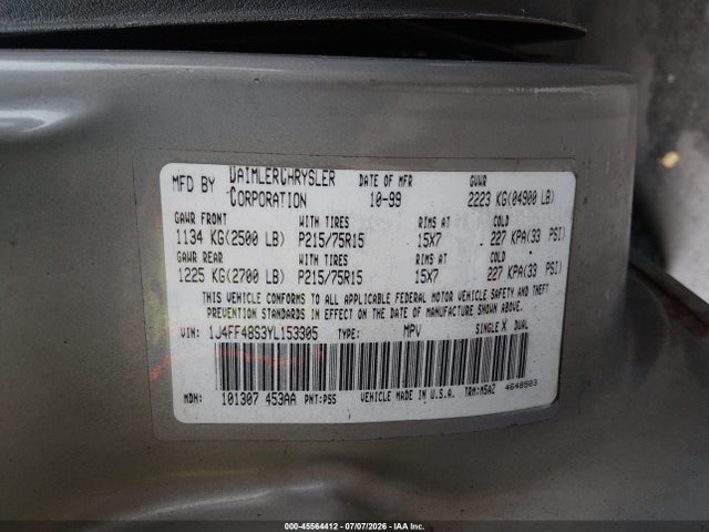 Продаж на аукціоні авто 2000 Jeep Cherokee Sport, vin: 1J4FF48S3YL153305, номер лоту: 45564412