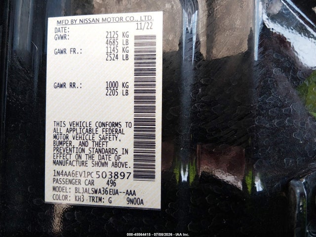 Aukcja sprzedaży 2023 Nissan Maxima Sr Xtronic Cvt, vin: 1N4AA6EV1PC503897, numer aukcji: 45564415