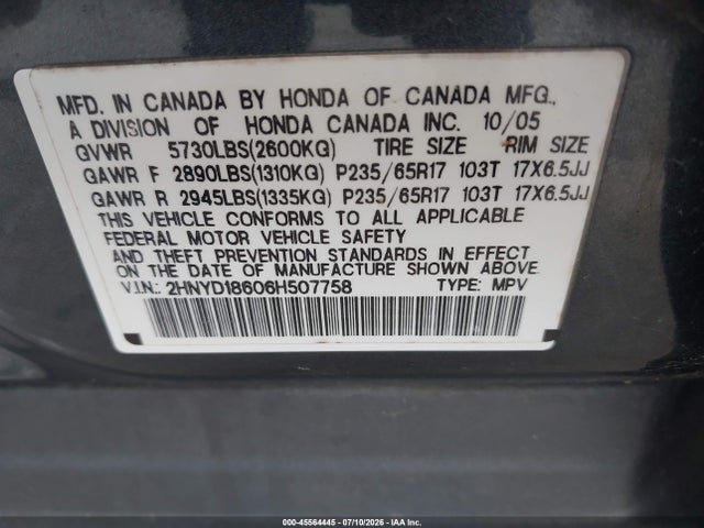 45564445 :رقم المزاد ، 2HNYD18606H507758 vin ، 2006 Acura Mdx مزاد بيع