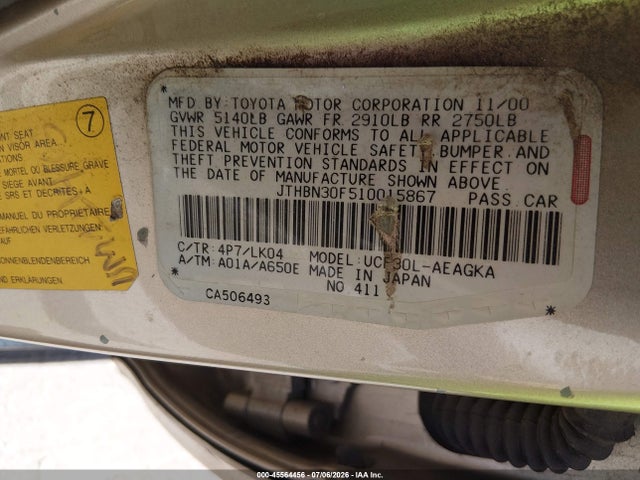 45564456 :رقم المزاد ، JTHBN30F510015867 vin ، 2001 Lexus Ls 430 مزاد بيع