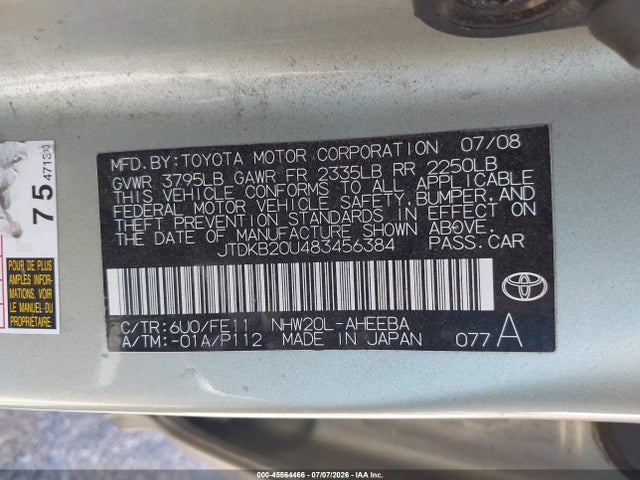 45564466 :رقم المزاد ، JTDKB20U483456384 vin ، 2008 Toyota Prius مزاد بيع