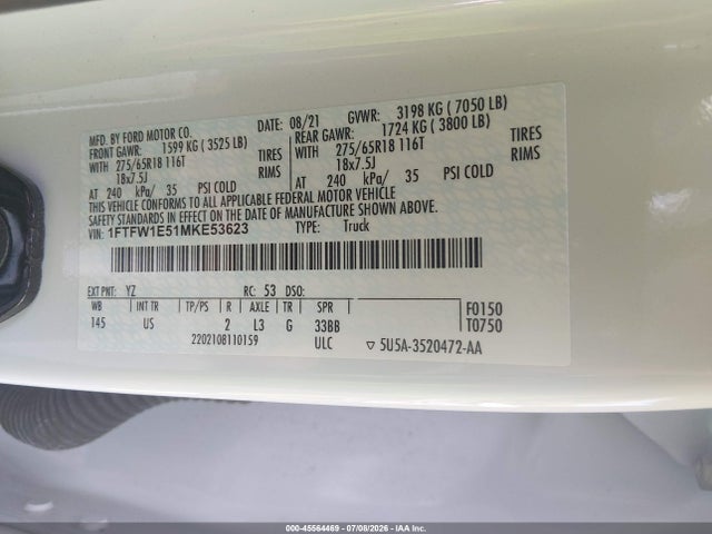 45564469 :رقم المزاد ، 1FTFW1E51MKE53623 vin ، 2021 Ford F-150 Xlt مزاد بيع