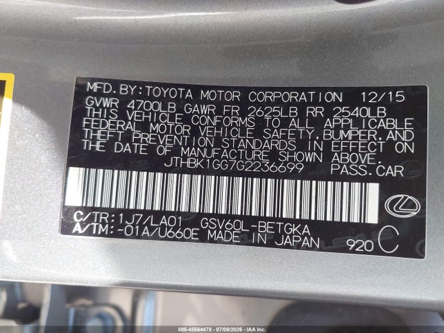2016 Lexus Es 350 მანქანა იყიდება აუქციონზე, vin: JTHBK1GG7G2236699, აუქციონის ნომერი: 45564478