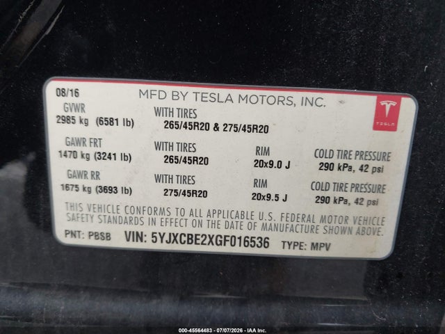 Tesla Model X 60d/70d/75d/90d/p100d 2016 5YJXCBE2XGF016536 Image 9