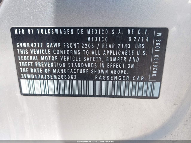 2014 Volkswagen Jetta 1.8t Se მანქანა იყიდება აუქციონზე, vin: 3VWD17AJ3EM268962, აუქციონის ნომერი: 45564489