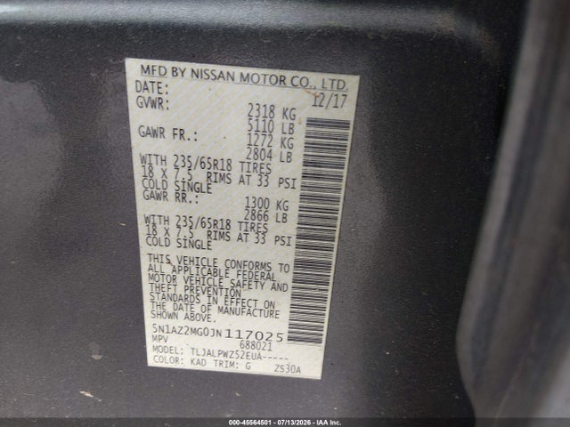 Продажа на аукционе авто 2018 Nissan Murano S, vin: 5N1AZ2MG0JN117025, номер лота: 45564501