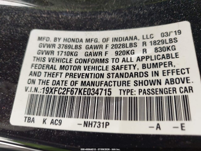 Honda Civic Lx 2019 19XFC2F67KE034715 Image 9