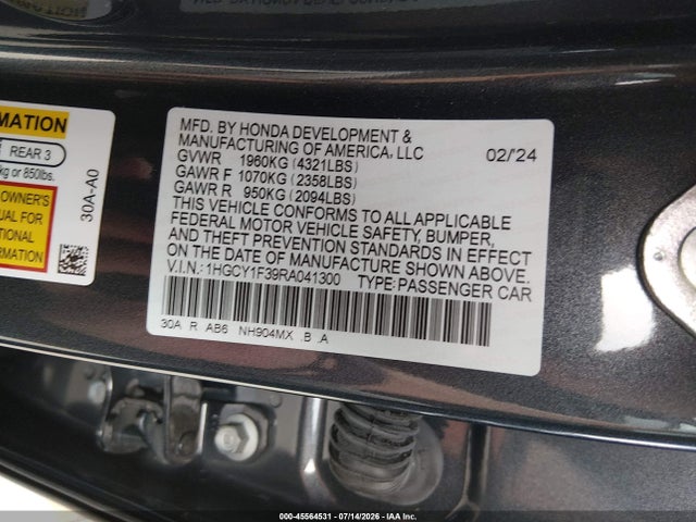 45564531 :رقم المزاد ، 1HGCY1F39RA041300 vin ، 2024 Honda Accord Ex مزاد بيع
