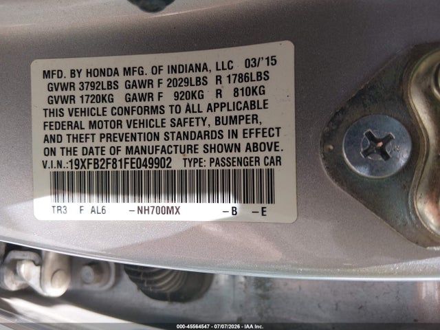 Honda CIVIC EX 2015 19XFB2F81FE049902 Image 9