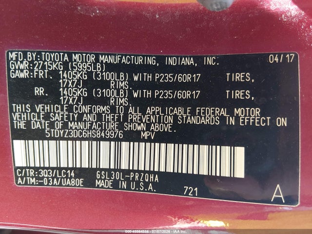 5TDYZ3DC6HS849976 Toyota Sienna Xle Premium 8 Passenger