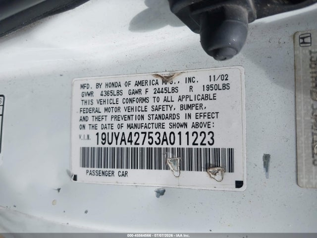 45564566 :رقم المزاد ، 19UYA42753A011223 vin ، 2003 Acura Cl 3.2 Type S مزاد بيع