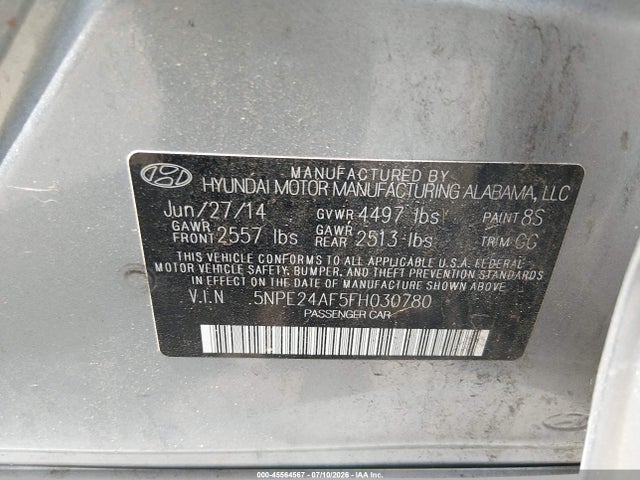 Aukcja sprzedaży 2015 Hyundai Sonata Se, vin: 5NPE24AF5FH030780, numer aukcji: 45564567