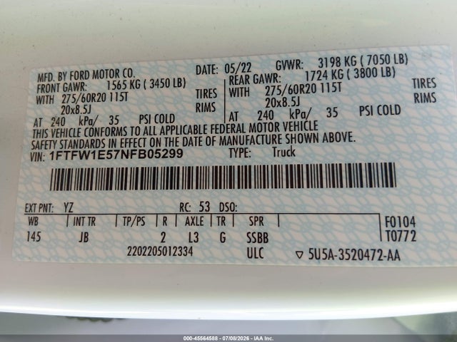 45564588 :رقم المزاد ، 1FTFW1E57NFB05299 vin ، 2022 Ford F-150 Xl مزاد بيع